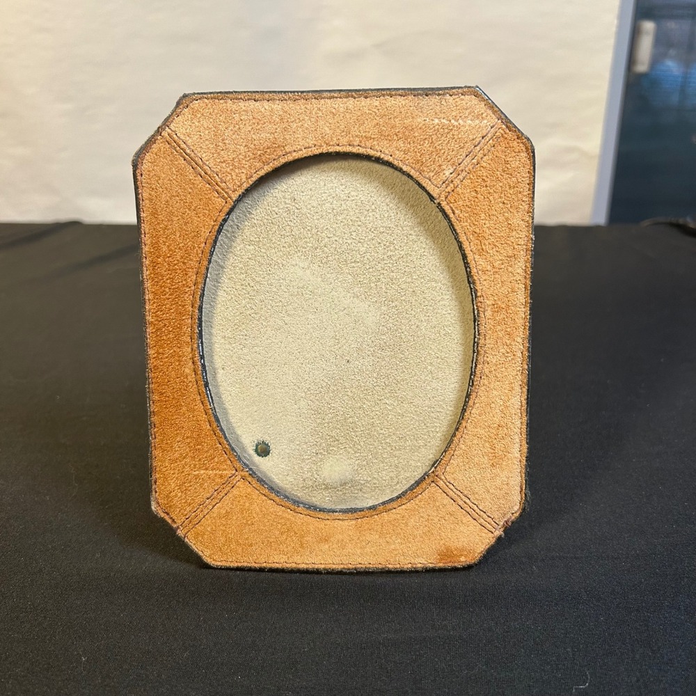 Vintage boho 1960s/70s Brown Suede Tabletop Photo Frame - Oval Window & Glass